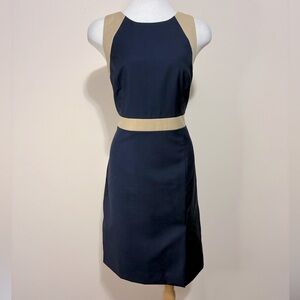 J Crew “Gwen” Navy and Tan Sleeveless Sheath Dress